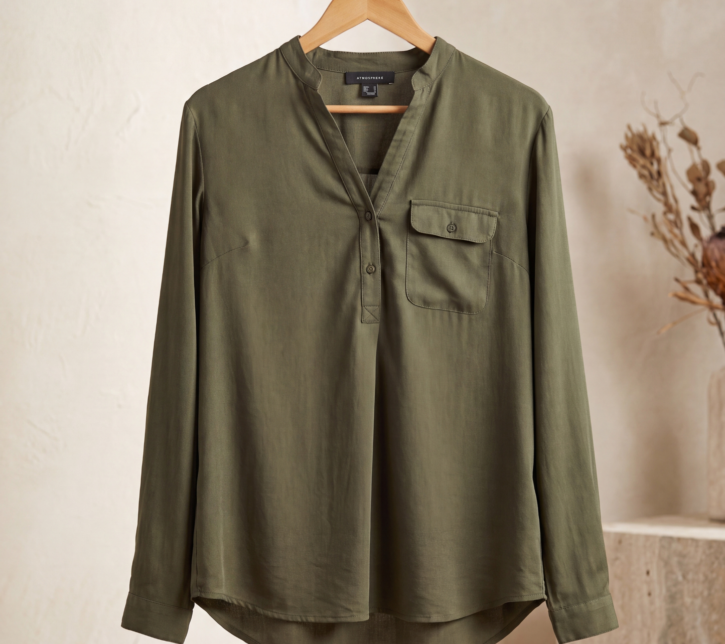 Olive Green Henley Tunic Top – Casual Long Sleeve Blouse