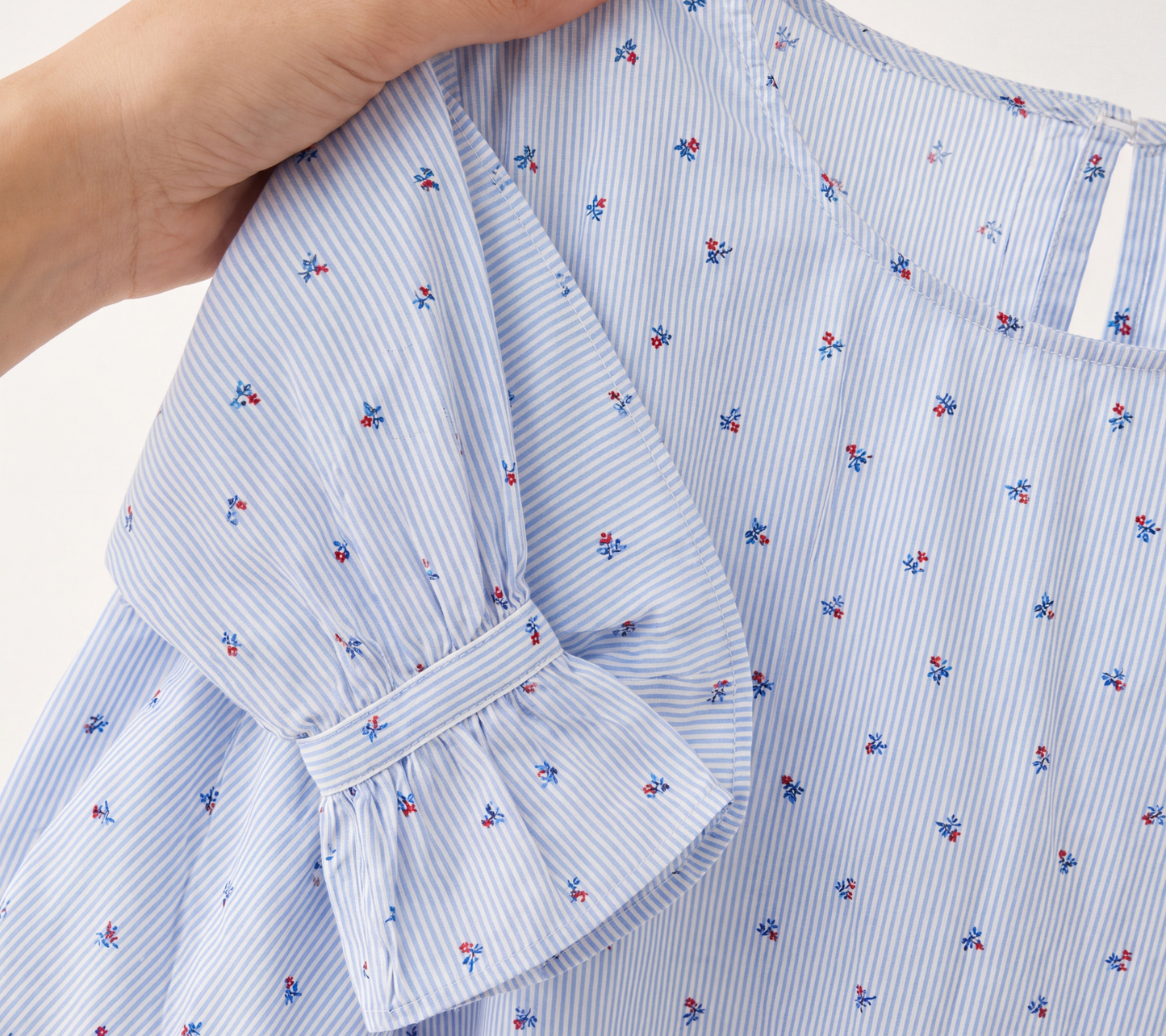 Cortefiel Women's Light Blue Striped Ditsy Floral Blouse with Ruffle Cuffs