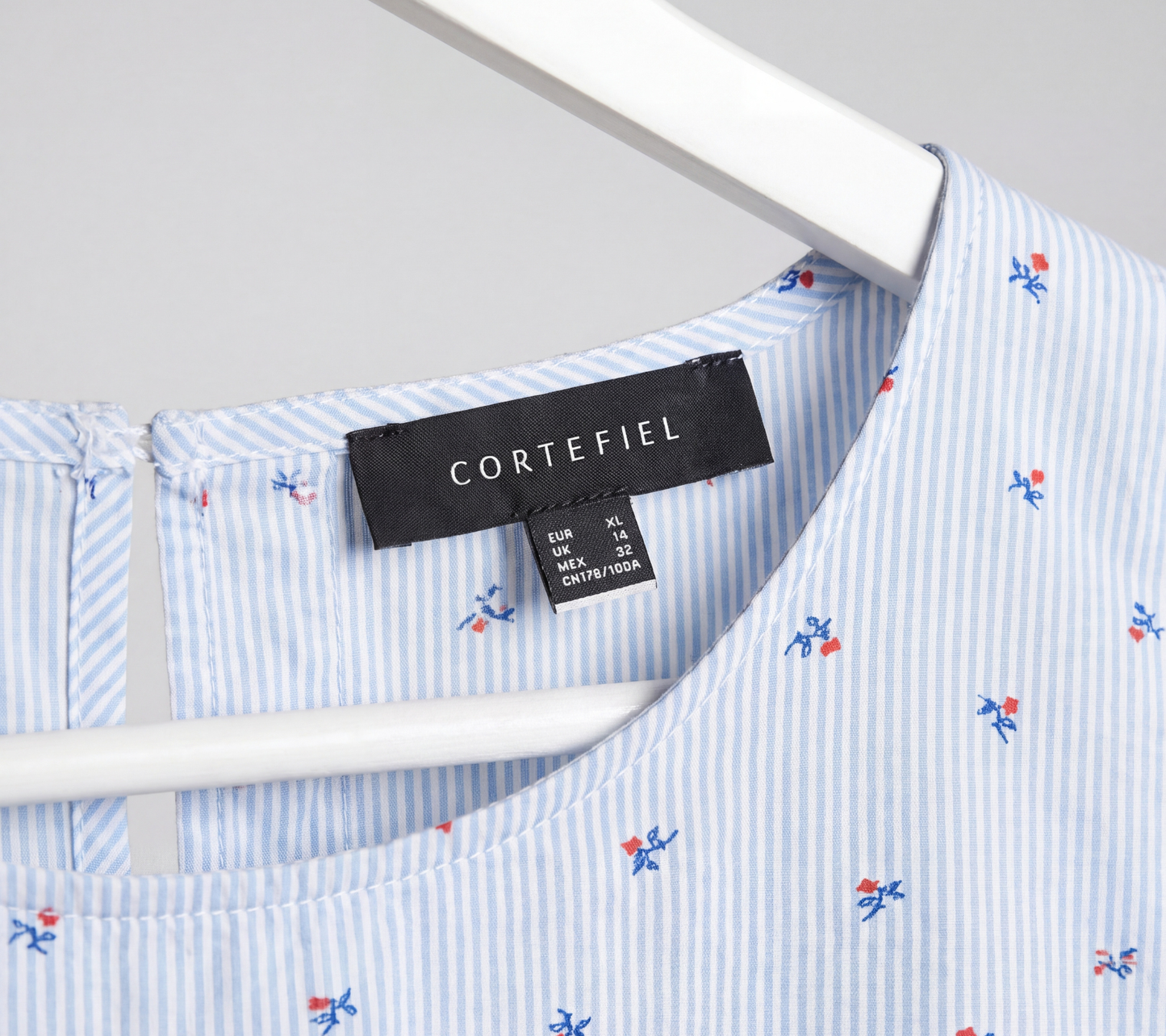 Cortefiel Women's Light Blue Striped Ditsy Floral Blouse with Ruffle Cuffs