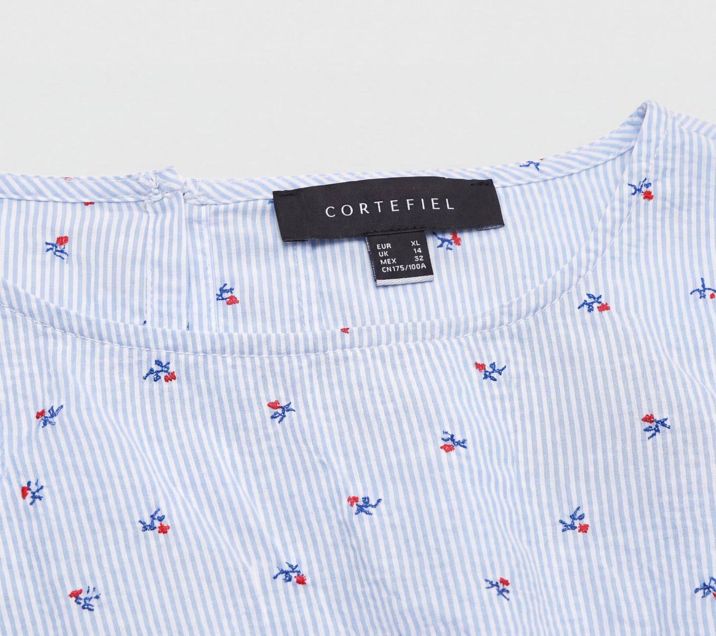 Cortefiel Women's Light Blue Striped Ditsy Floral Blouse with Ruffle Cuffs