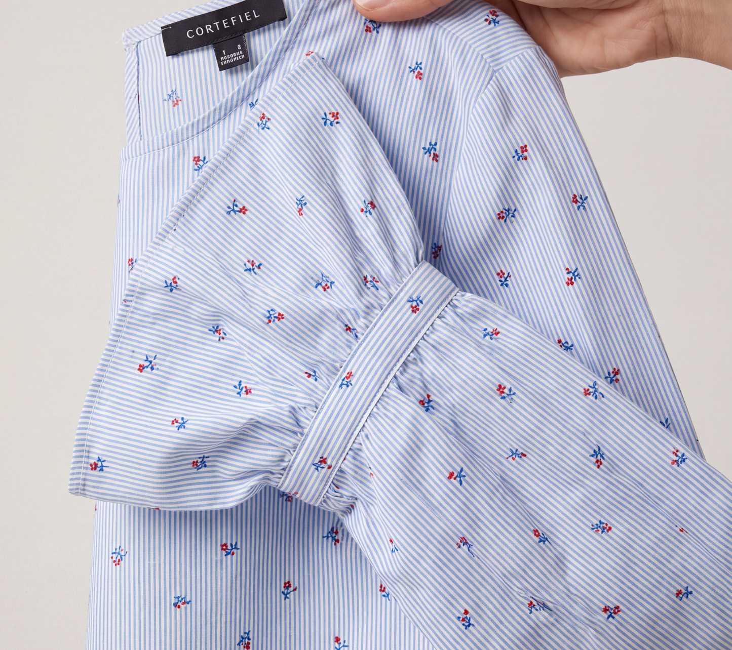 Cortefiel Women's Light Blue Striped Ditsy Floral Blouse with Ruffle Cuffs