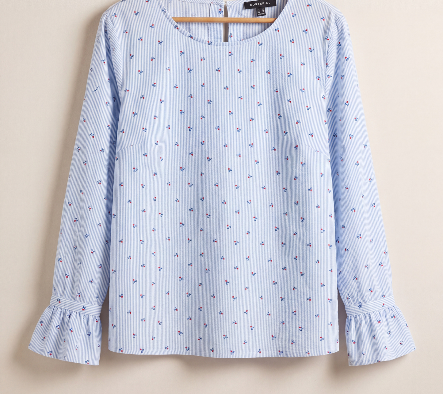 Cortefiel Women's Light Blue Striped Ditsy Floral Blouse with Ruffle Cuffs