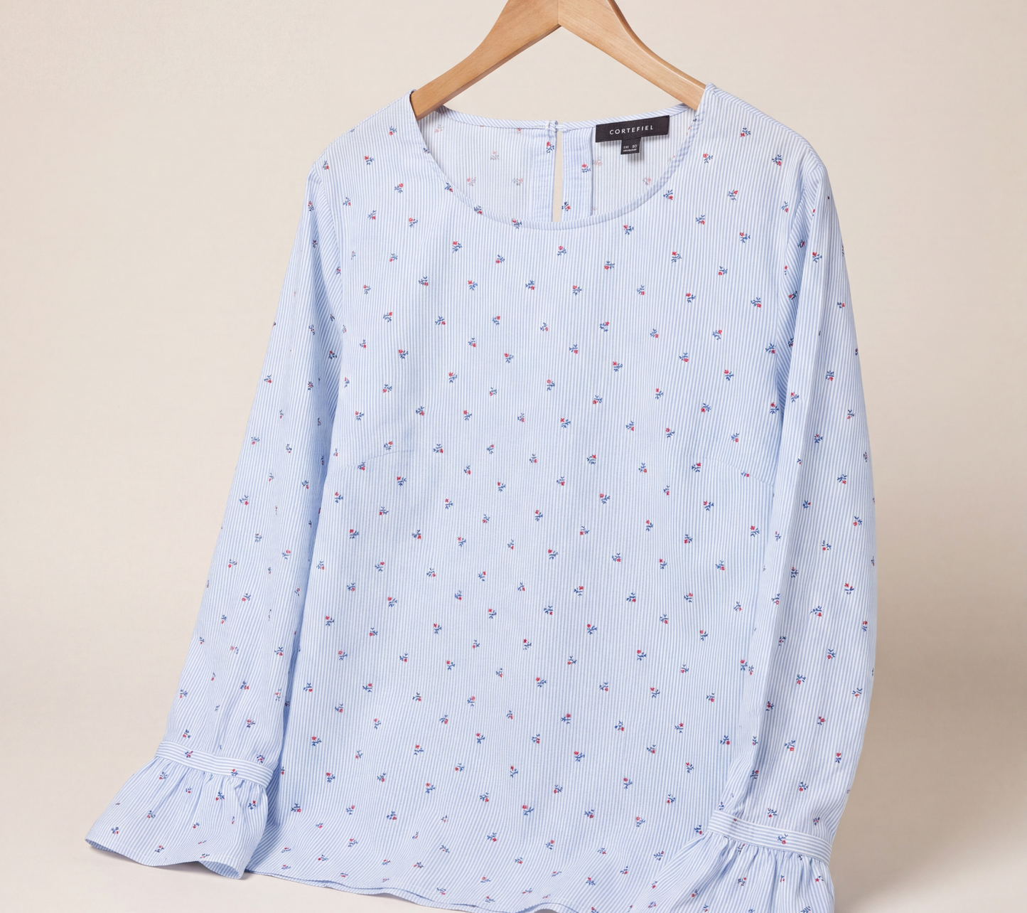 Cortefiel Women's Light Blue Striped Ditsy Floral Blouse with Ruffle Cuffs