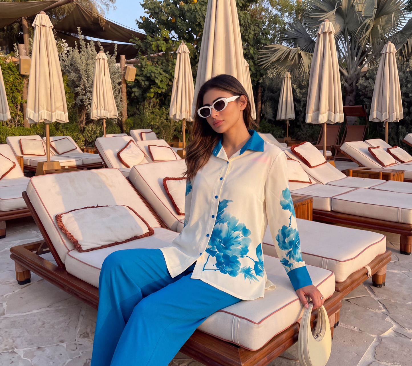 Lino Women's Blue Watercolor Floral Co-ord Set | Cream Button-Down Shirt and Azure Wide-Leg Trousers