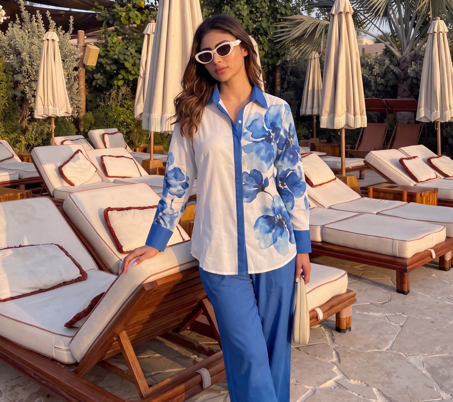 Lino Women's Blue Watercolor Floral Co-ord Set | Cream Button-Down Shirt and Azure Wide-Leg Trousers