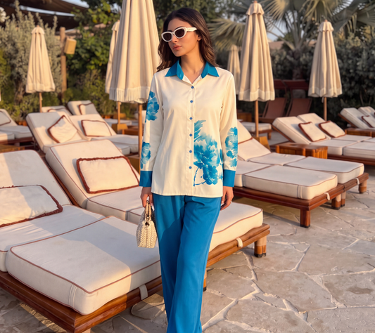 Lino Women's Blue Watercolor Floral Co-ord Set | Cream Button-Down Shirt and Azure Wide-Leg Trousers