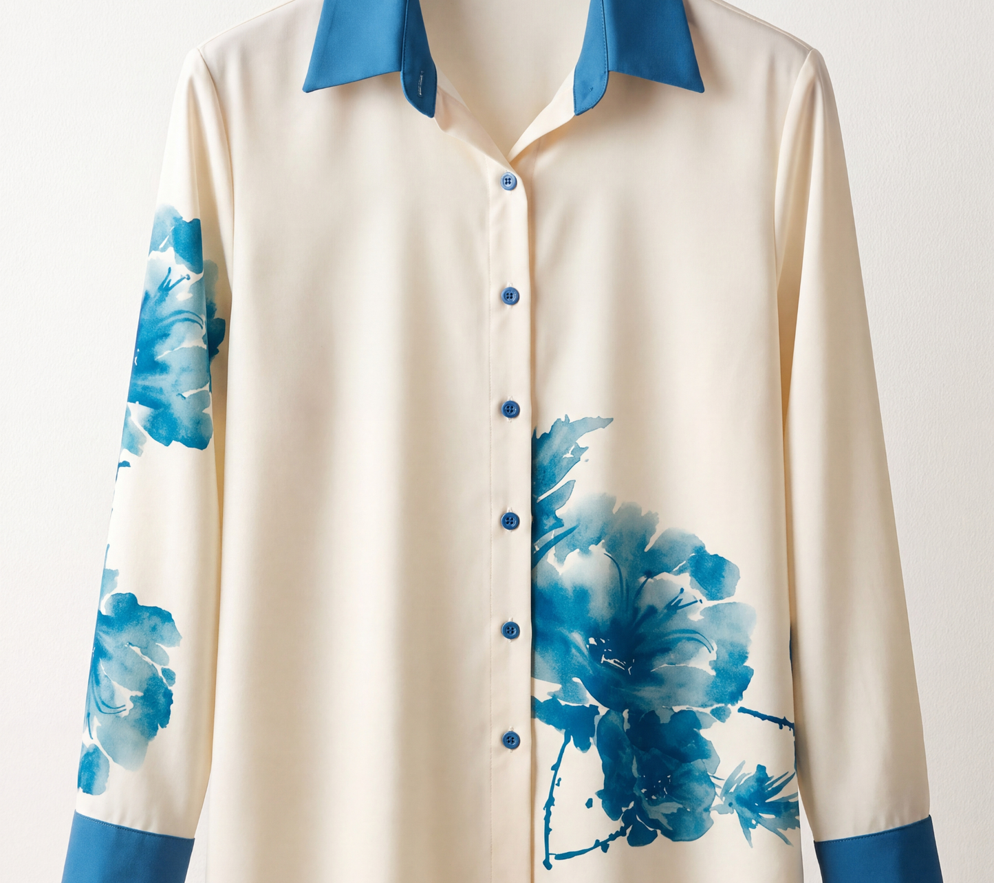 Lino Women's Blue Watercolor Floral Co-ord Set | Cream Button-Down Shirt and Azure Wide-Leg Trousers