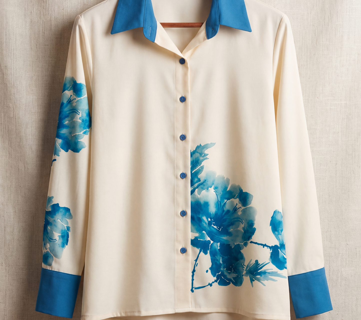 Lino Women's Blue Watercolor Floral Co-ord Set | Cream Button-Down Shirt and Azure Wide-Leg Trousers