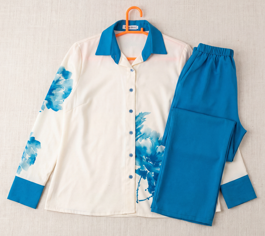 Lino Women's Blue Watercolor Floral Co-ord Set | Cream Button-Down Shirt and Azure Wide-Leg Trousers