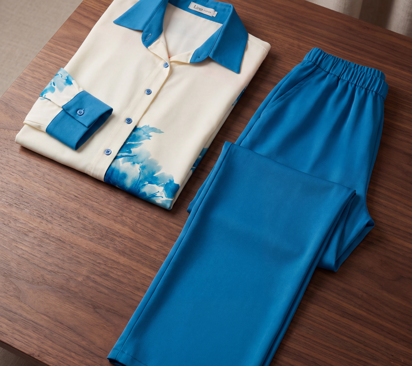 Lino Women's Blue Watercolor Floral Co-ord Set | Cream Button-Down Shirt and Azure Wide-Leg Trousers
