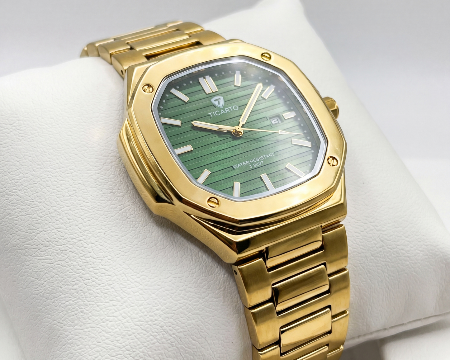 TICARTO FR737 Emerald Prestige Edition | Men's Gold-Tone Luxury Watch with Textured Green Dial