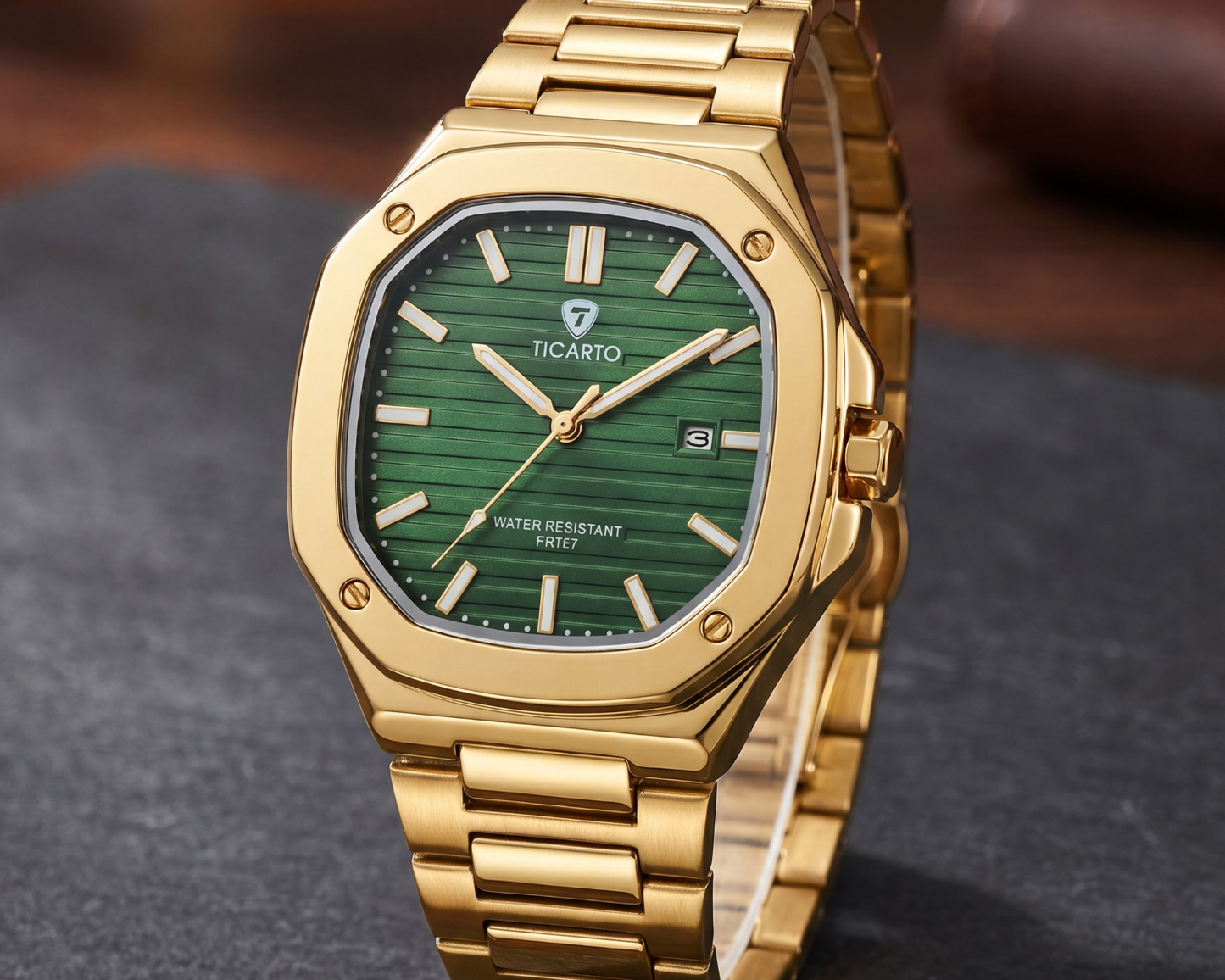 TICARTO FR737 Emerald Prestige Edition | Men's Gold-Tone Luxury Watch with Textured Green Dial