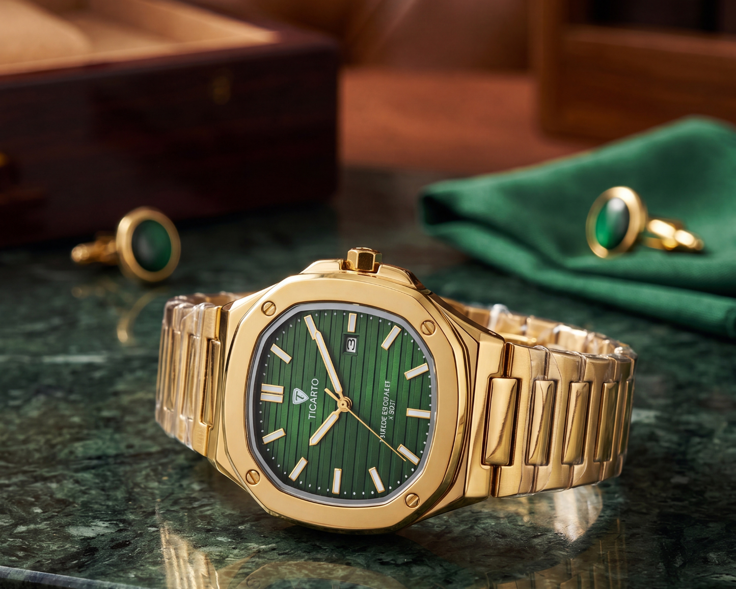 TICARTO FR737 Emerald Prestige Edition | Men's Gold-Tone Luxury Watch with Textured Green Dial