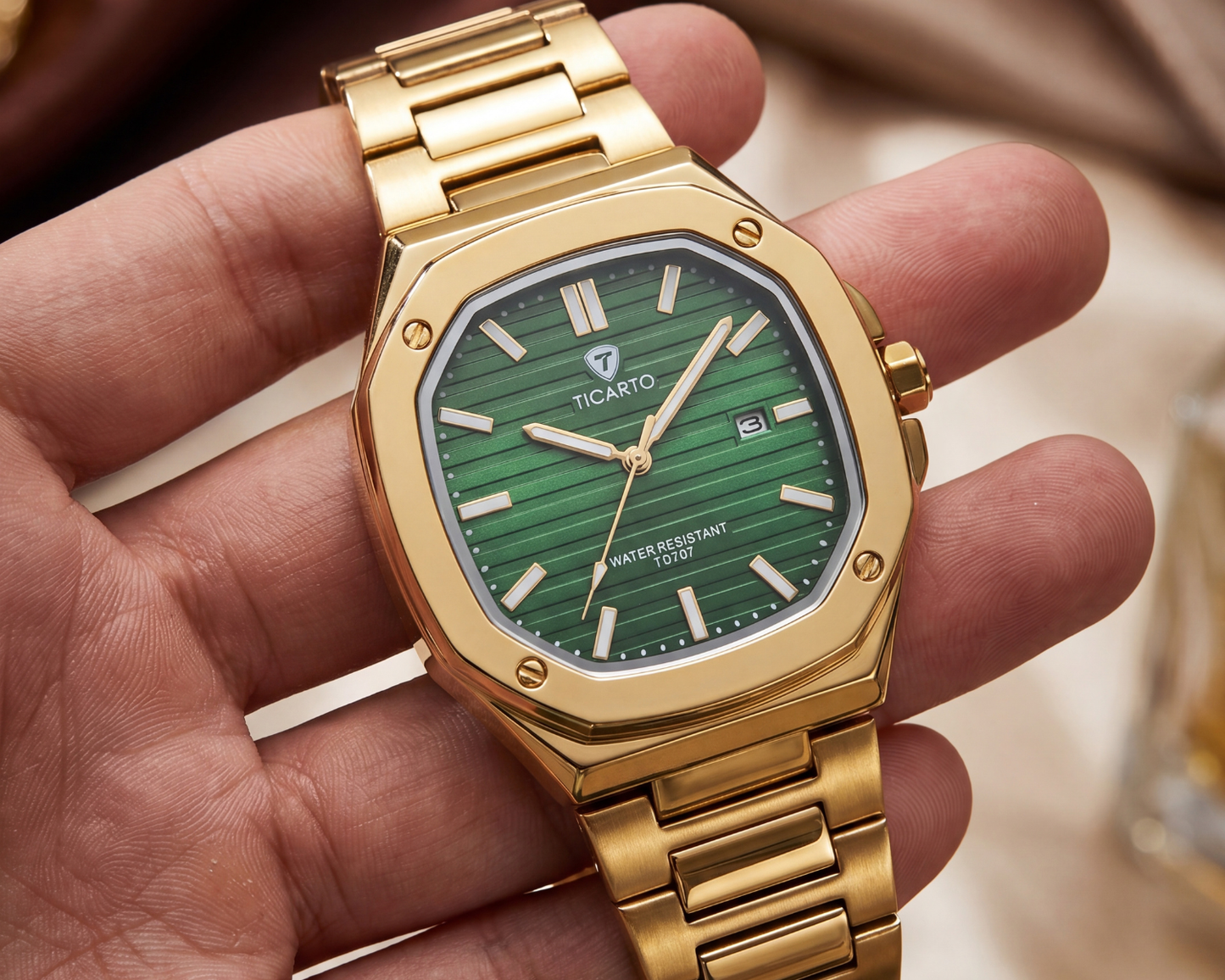 TICARTO FR737 Emerald Prestige Edition | Men's Gold-Tone Luxury Watch with Textured Green Dial