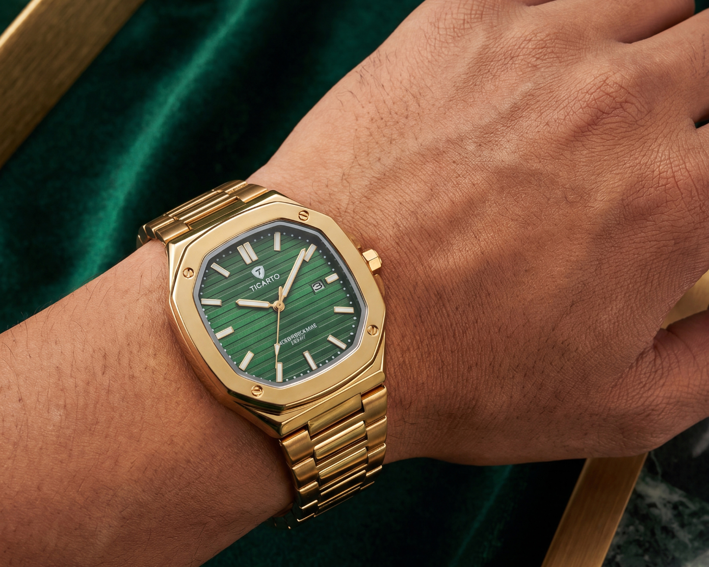 TICARTO FR737 Emerald Prestige Edition | Men's Gold-Tone Luxury Watch with Textured Green Dial