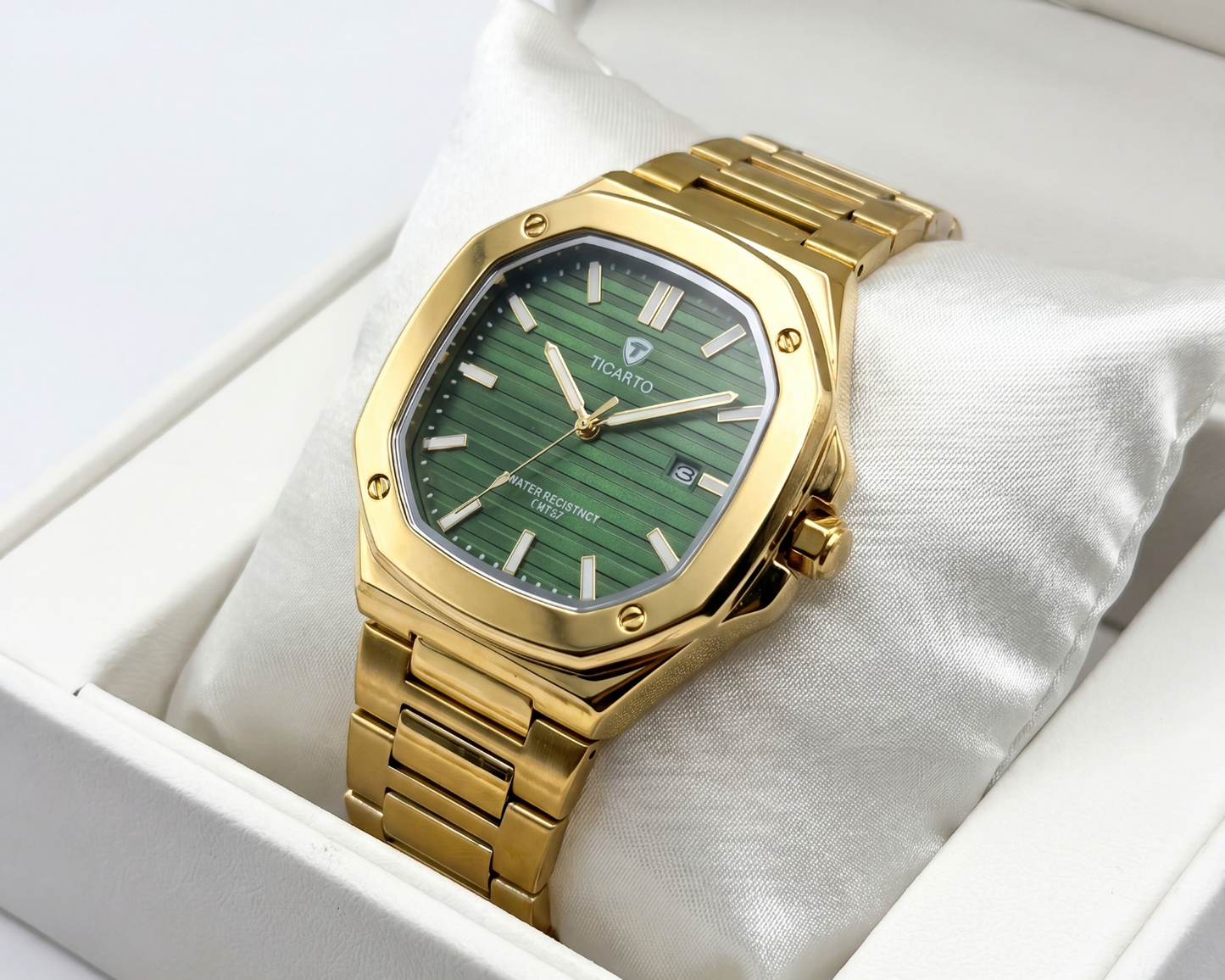TICARTO FR737 Emerald Prestige Edition | Men's Gold-Tone Luxury Watch with Textured Green Dial