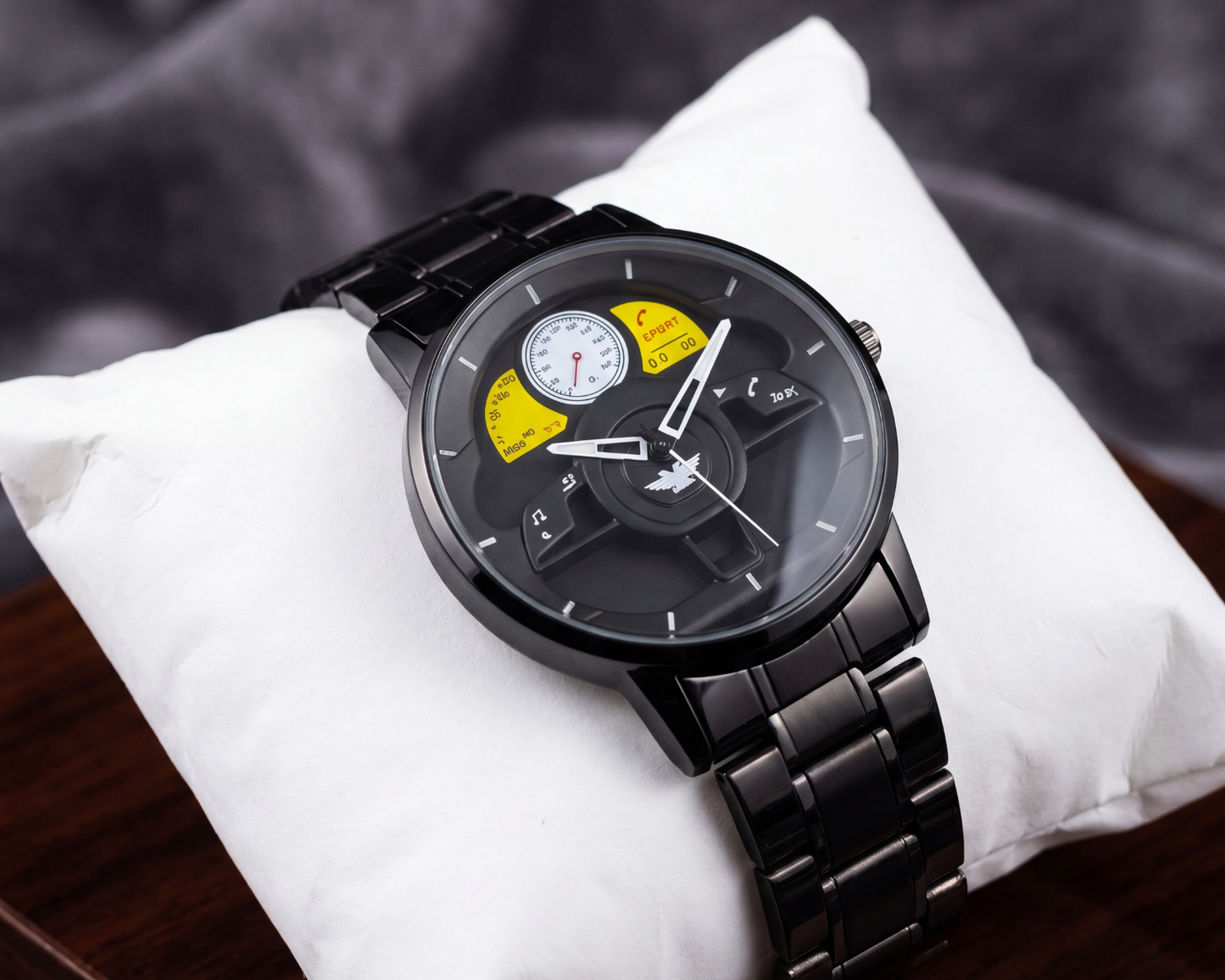 3D Steering Wheel Racing Watch | Gunmetal & Yellow Sport Edition