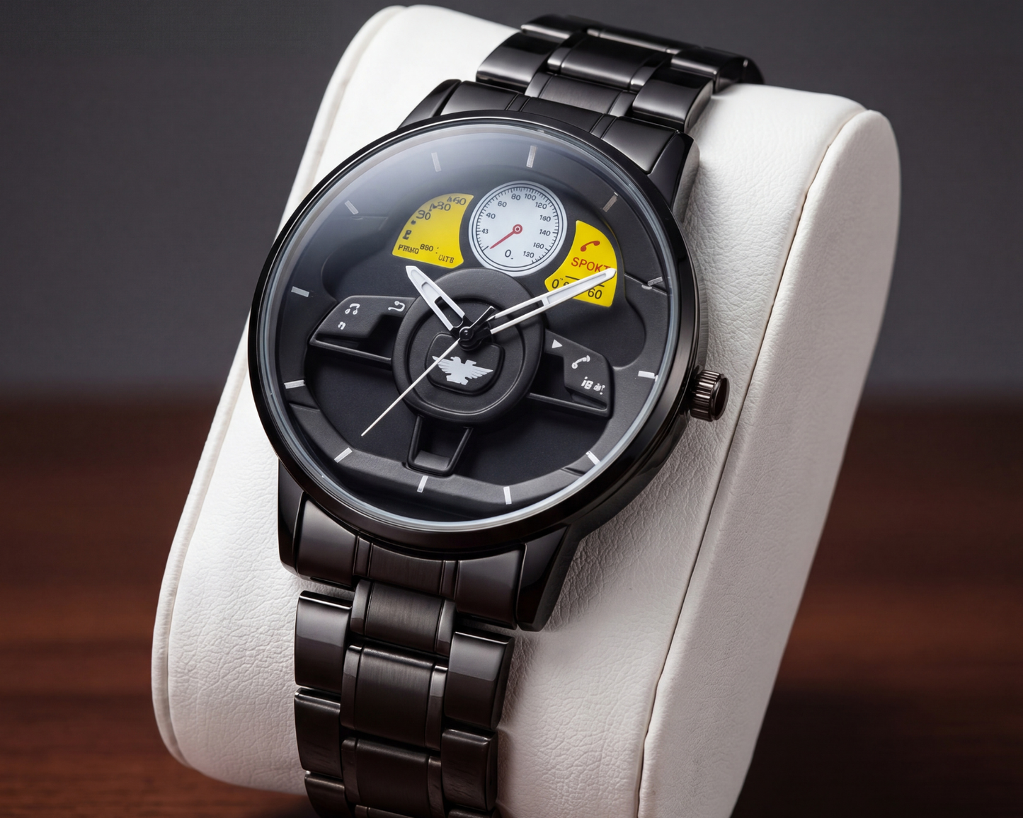 3D Steering Wheel Racing Watch | Gunmetal & Yellow Sport Edition