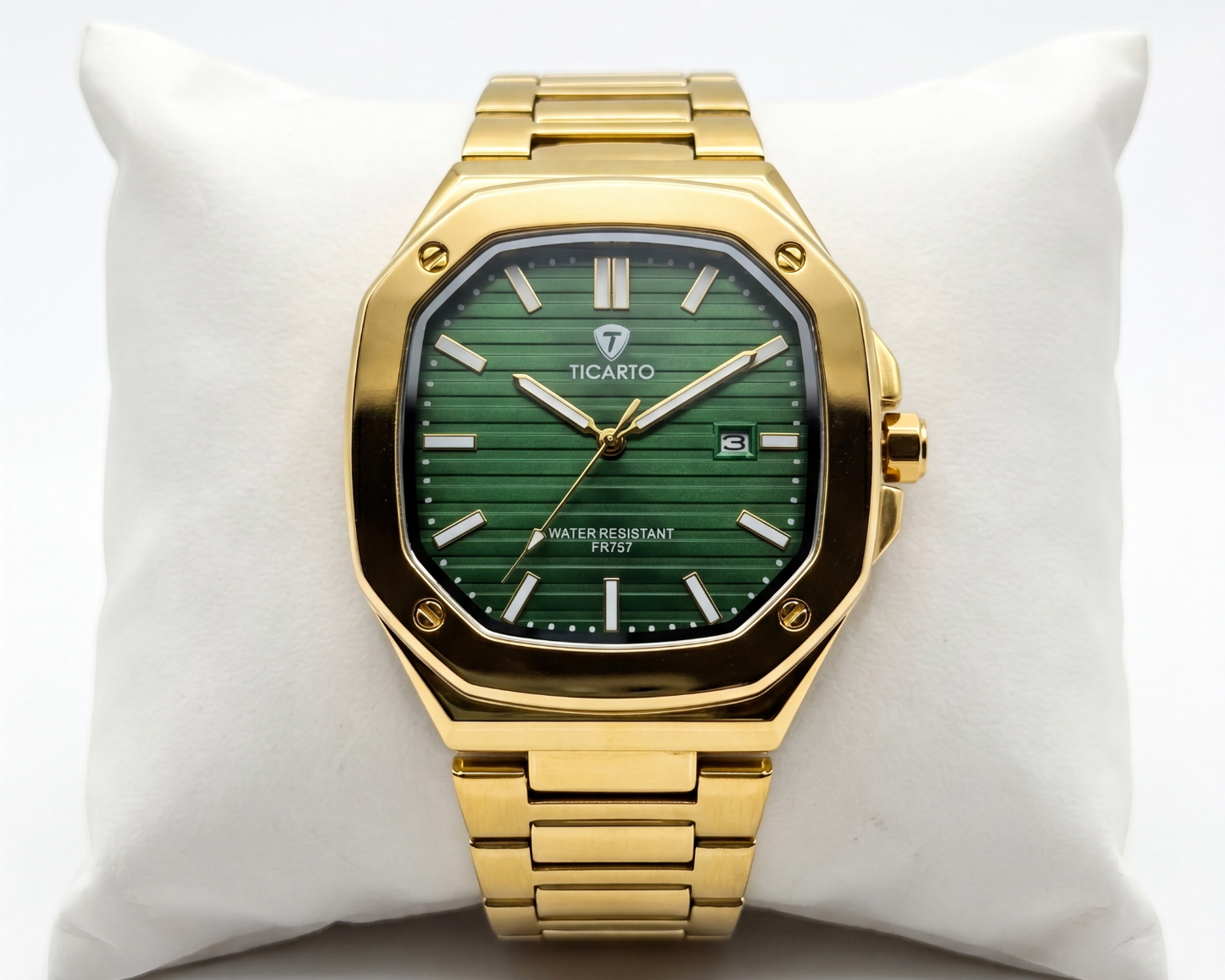 TICARTO FR737 Emerald Prestige Edition | Men's Gold-Tone Luxury Watch with Textured Green Dial