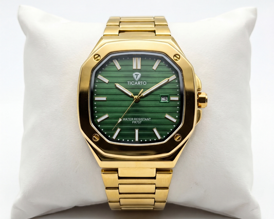 TICARTO FR737 Emerald Prestige Edition | Men's Gold-Tone Luxury Watch with Textured Green Dial
