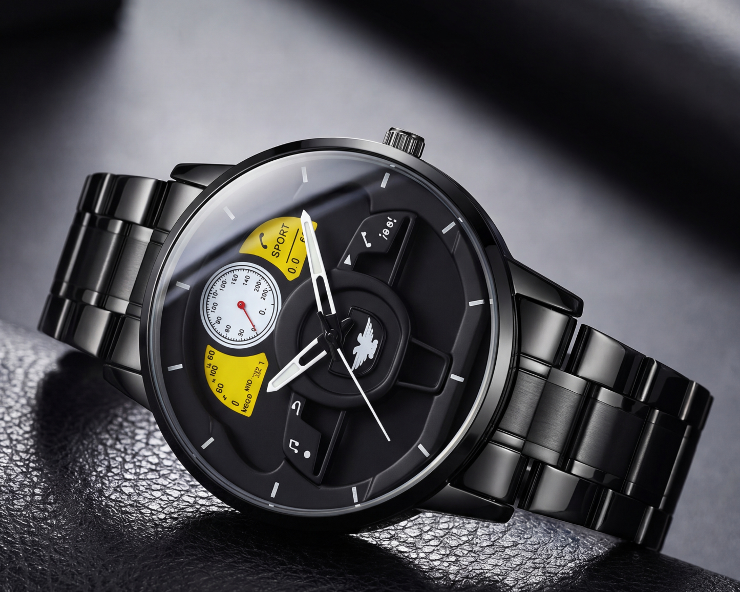 3D Steering Wheel Racing Watch | Gunmetal & Yellow Sport Edition