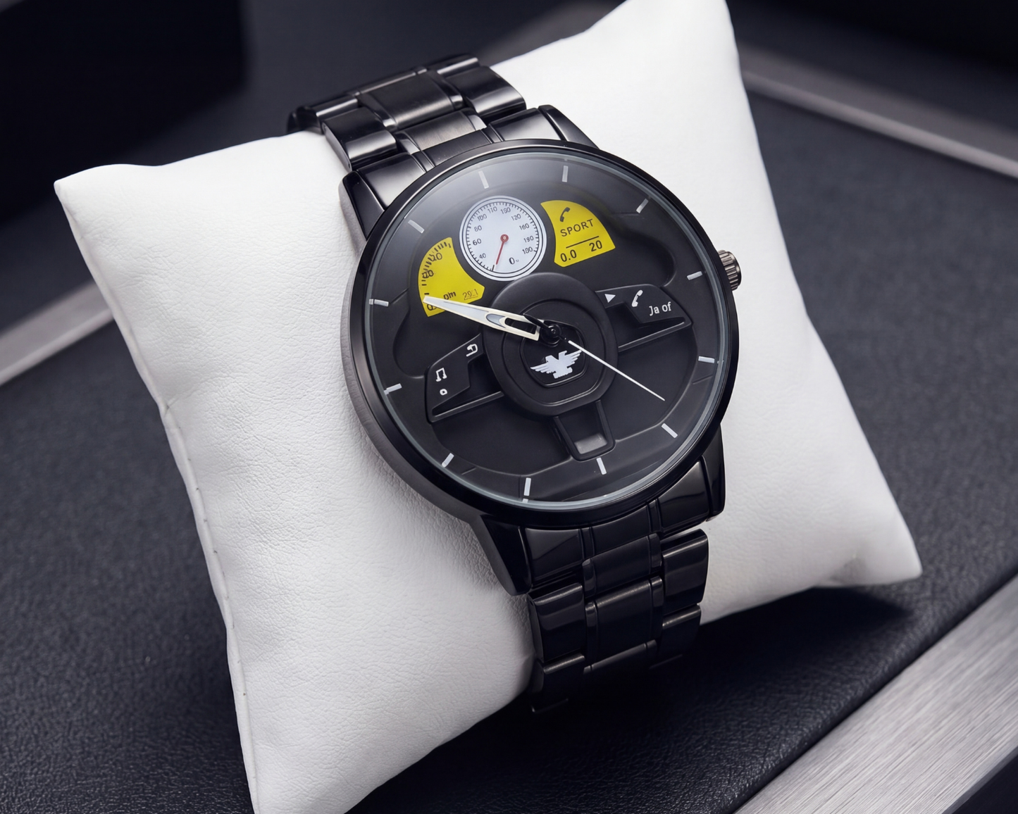 3D Steering Wheel Racing Watch | Gunmetal & Yellow Sport Edition