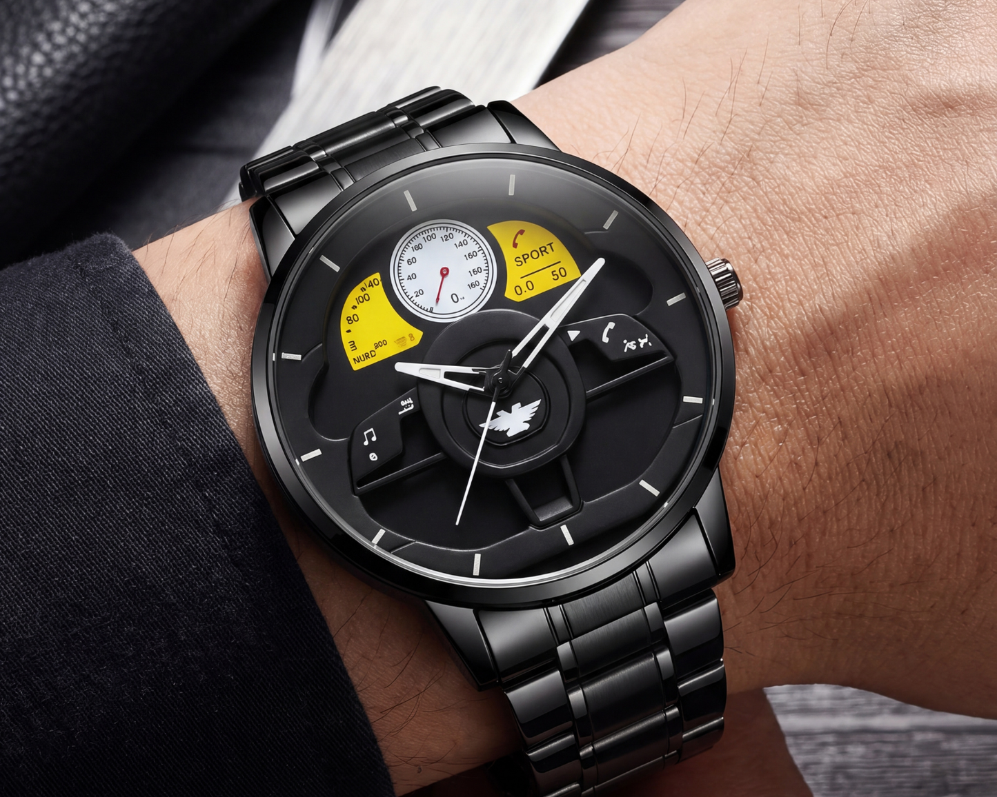 3D Steering Wheel Racing Watch | Gunmetal & Yellow Sport Edition