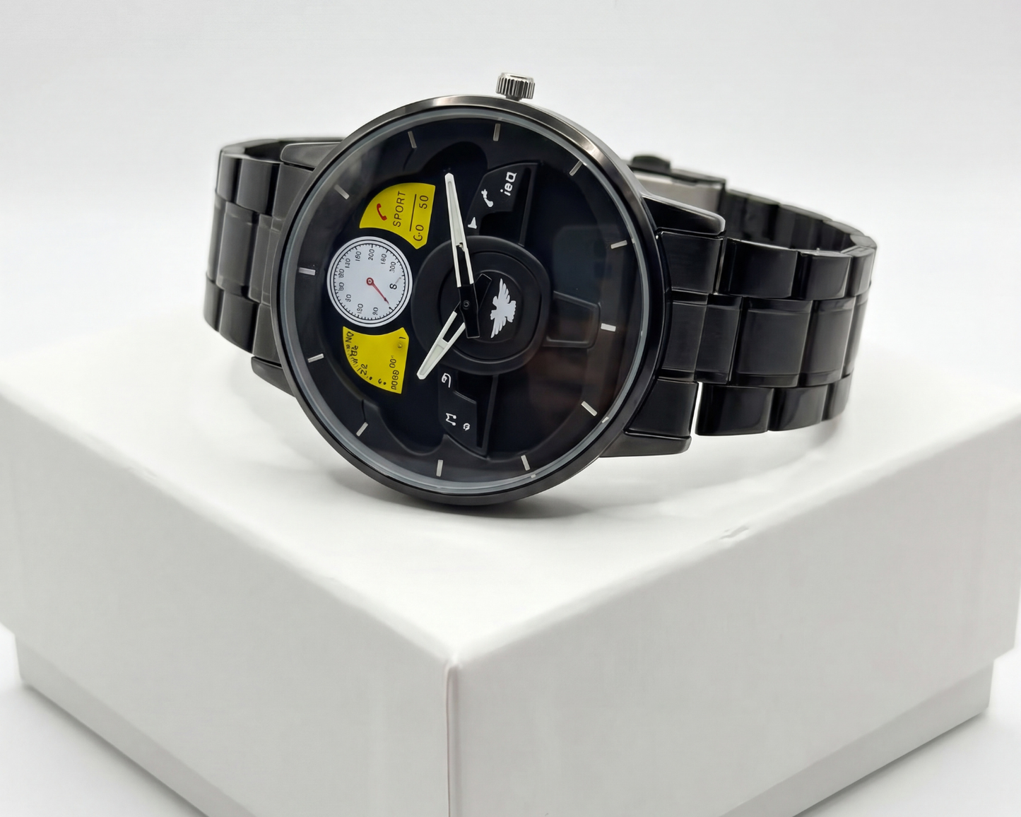 3D Steering Wheel Racing Watch | Gunmetal & Yellow Sport Edition