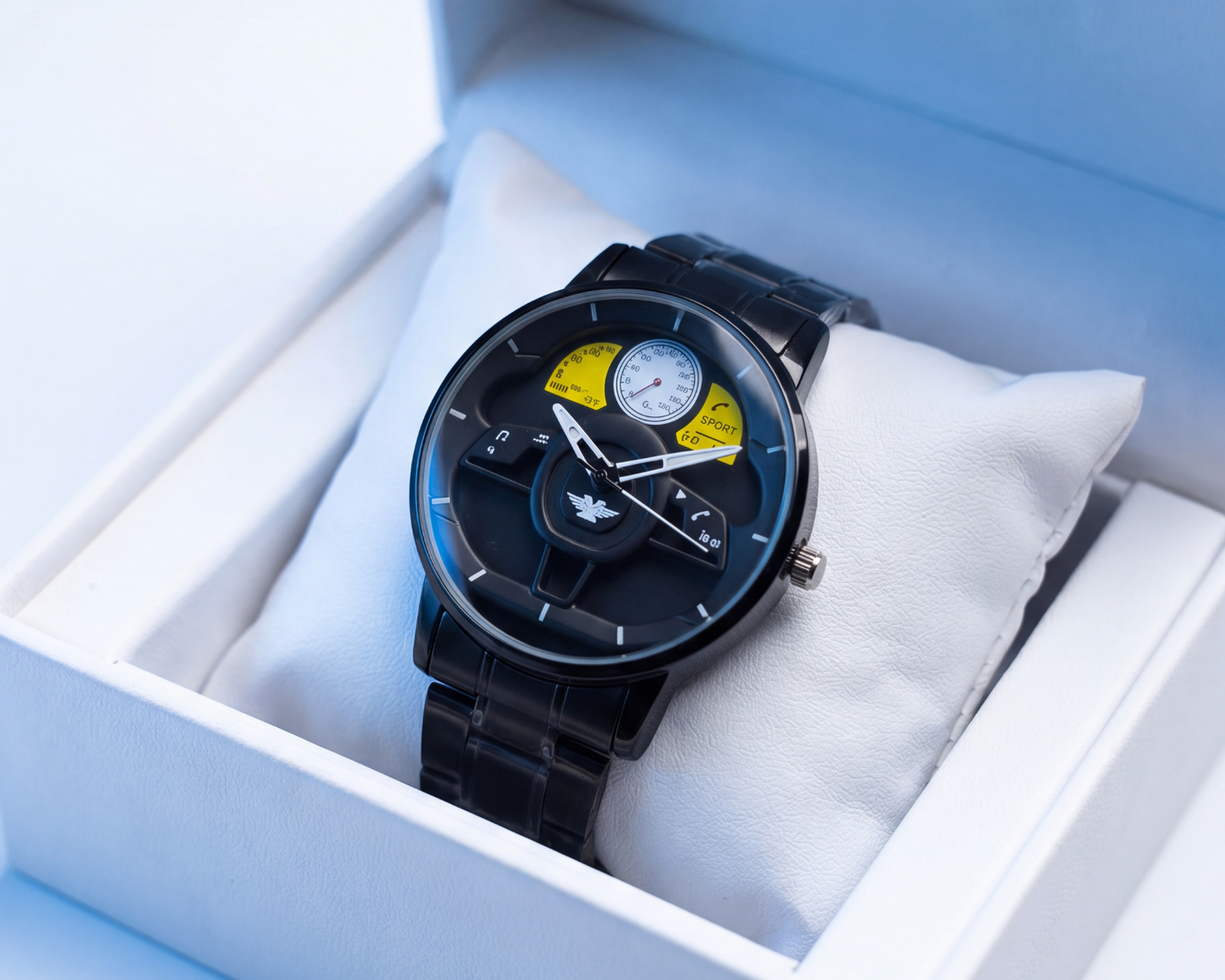 3D Steering Wheel Racing Watch | Gunmetal & Yellow Sport Edition
