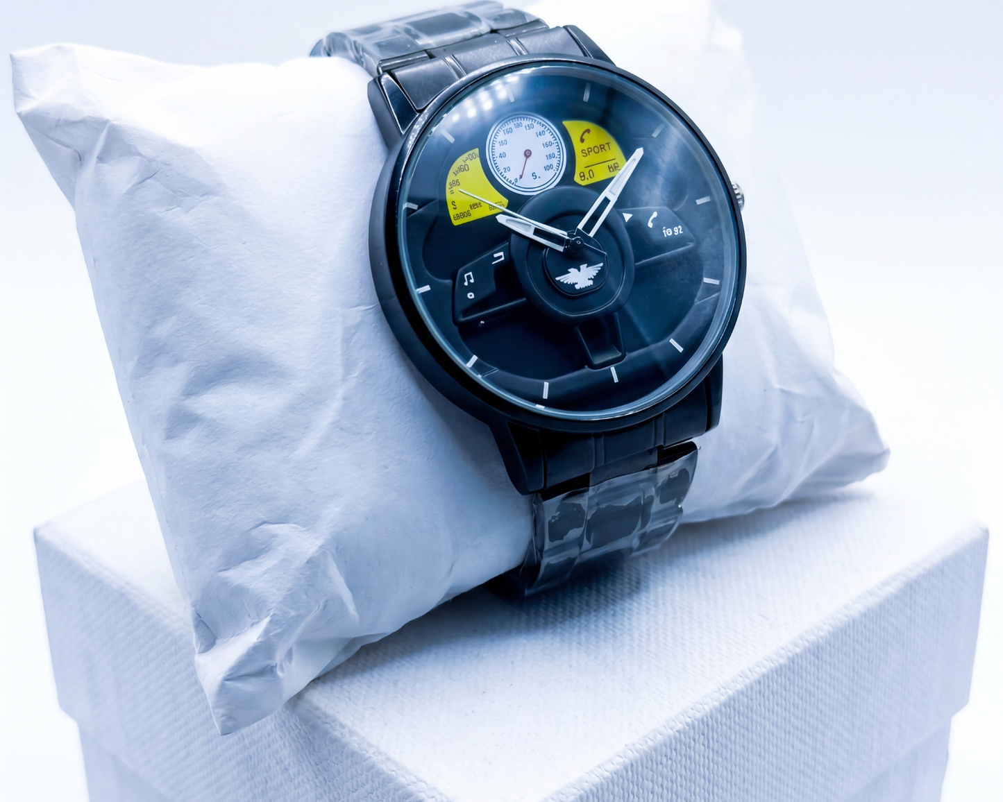 3D Steering Wheel Racing Watch | Gunmetal & Yellow Sport Edition