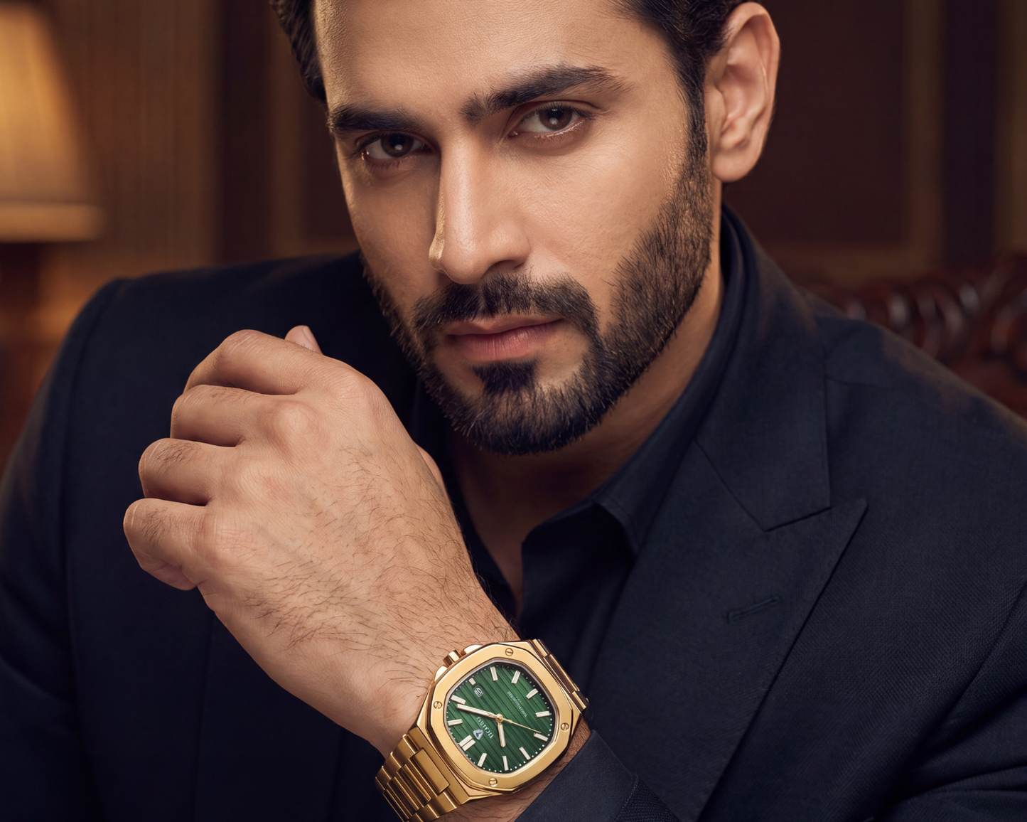 TICARTO FR737 Emerald Prestige Edition | Men's Gold-Tone Luxury Watch with Textured Green Dial