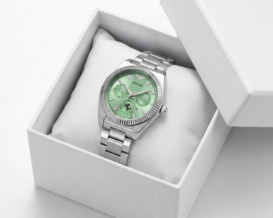 men's  Classic Silver Steel Watch | Sunburst Green Dial