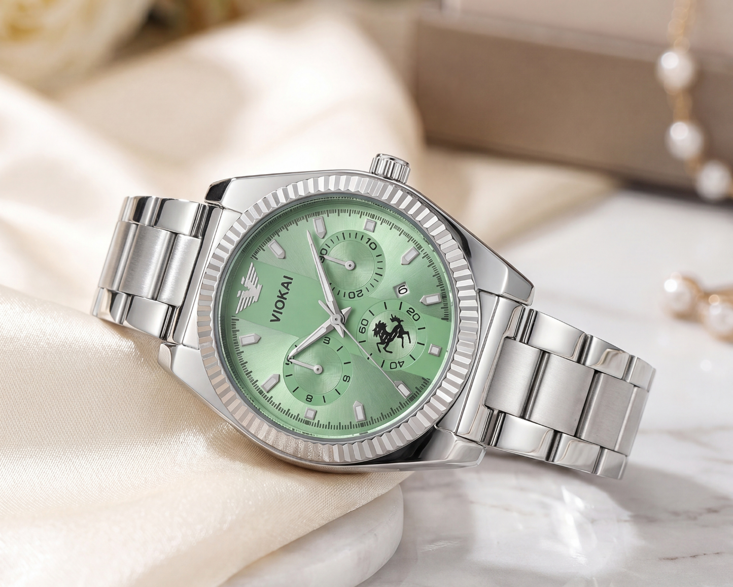 men's  Classic Silver Steel Watch | Sunburst Green Dial