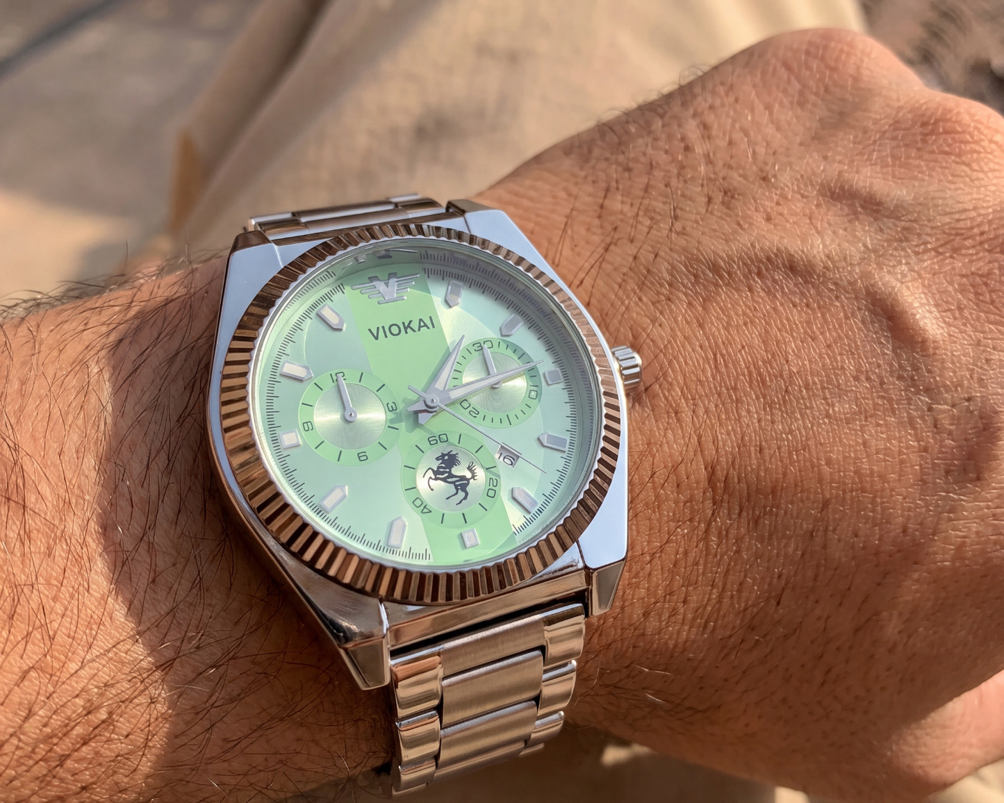 men's  Classic Silver Steel Watch | Sunburst Green Dial