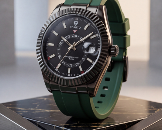 TICARTO Premium Black Dial Wrist Watch with Green Strap – Luxury Elegant Design (T-3706)