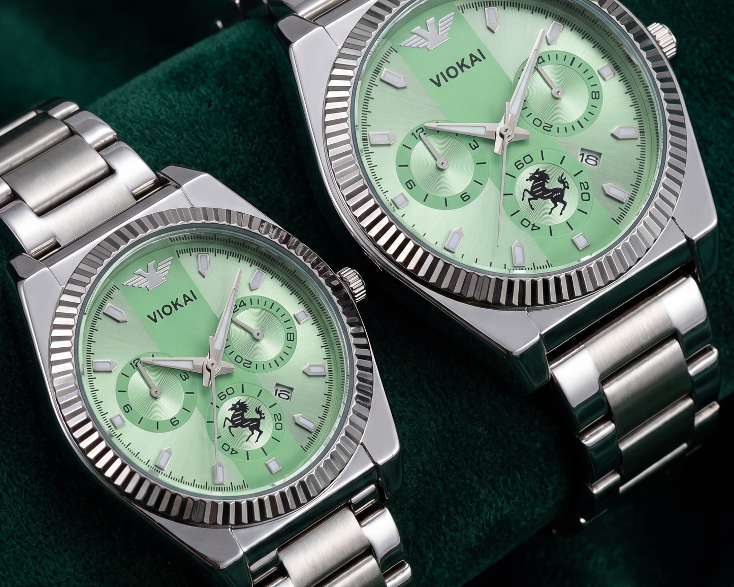VIOKAI Luxury Couple’s Watch Set | Emerald Green Dial & Silver Steel (His & Hers)