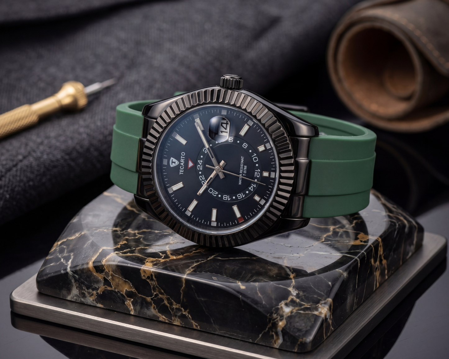 TICARTO Premium Black Dial Wrist Watch with Green Strap – Luxury Elegant Design (T-3706)