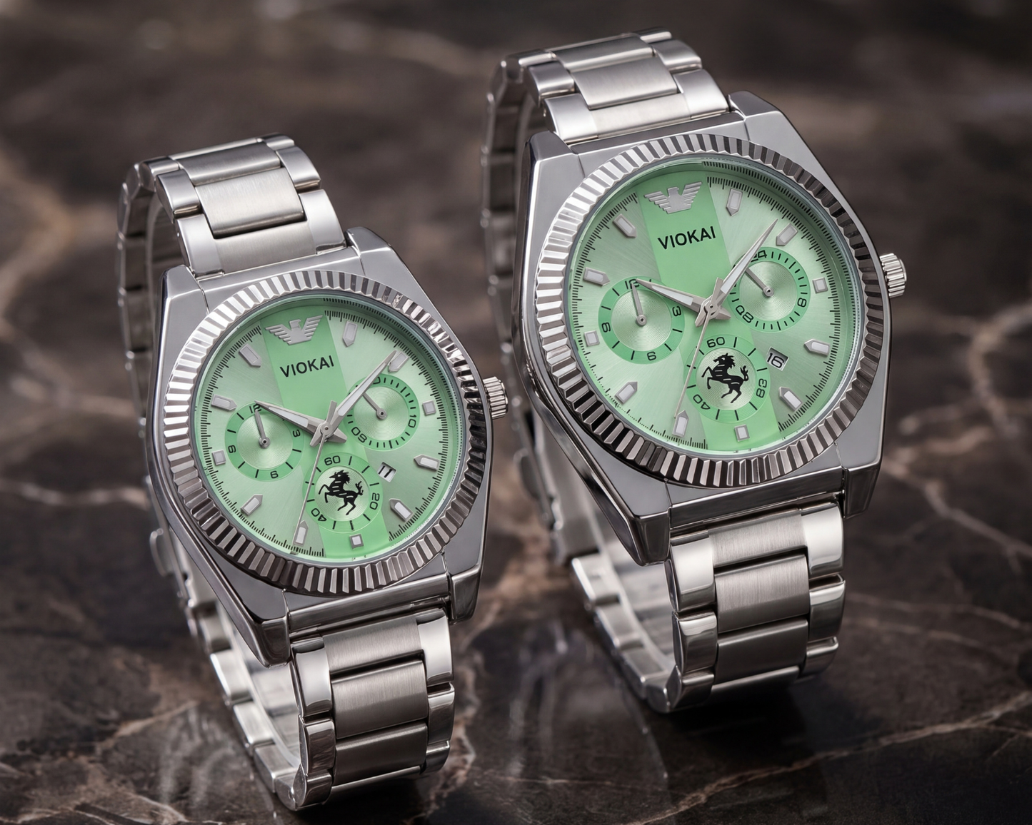 VIOKAI Luxury Couple’s Watch Set | Emerald Green Dial & Silver Steel (His & Hers)