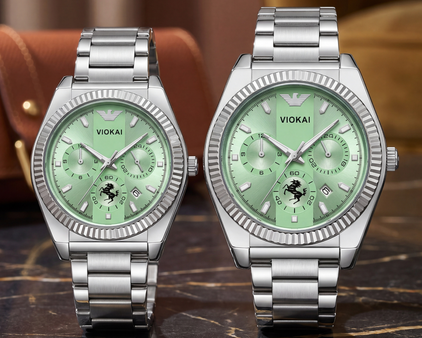 VIOKAI Luxury Couple’s Watch Set | Emerald Green Dial & Silver Steel (His & Hers)