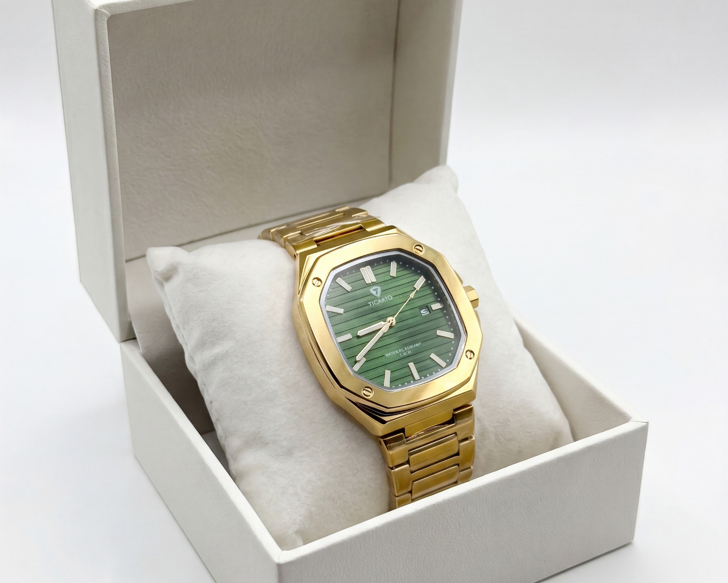 TICARTO FR737 Emerald Prestige Edition | Men's Gold-Tone Luxury Watch with Textured Green Dial