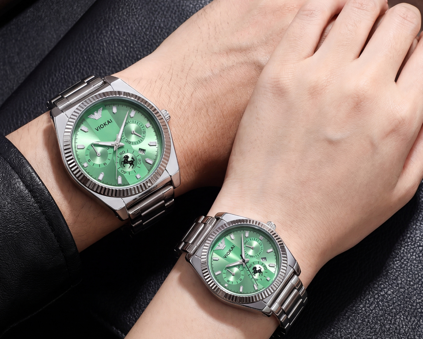 VIOKAI Luxury Couple’s Watch Set | Emerald Green Dial & Silver Steel (His & Hers)