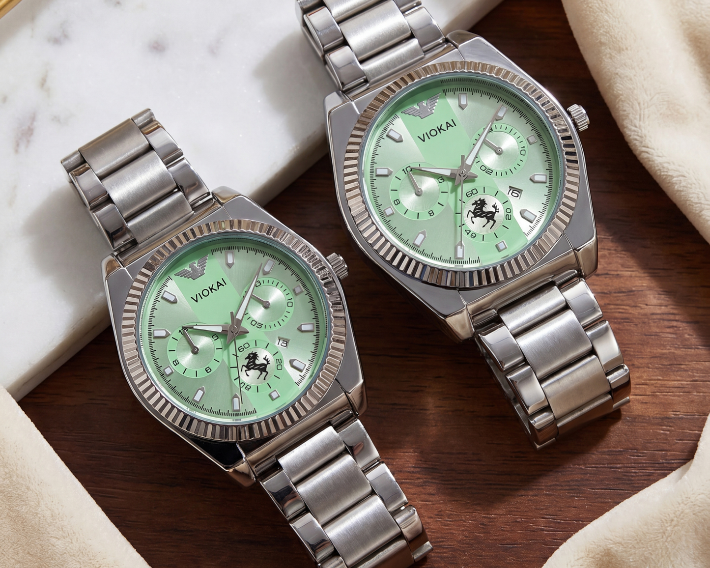 VIOKAI Luxury Couple’s Watch Set | Emerald Green Dial & Silver Steel (His & Hers)