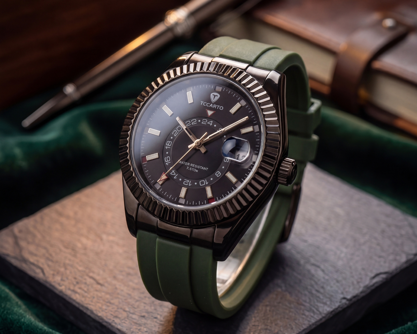 TICARTO Premium Black Dial Wrist Watch with Green Strap – Luxury Elegant Design (T-3706)