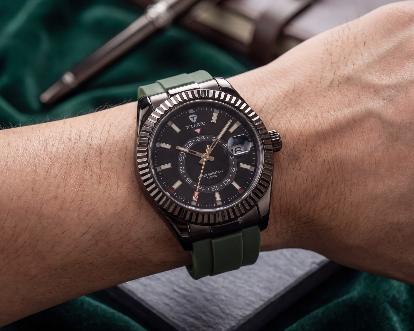 TICARTO Premium Black Dial Wrist Watch with Green Strap – Luxury Elegant Design (T-3706)