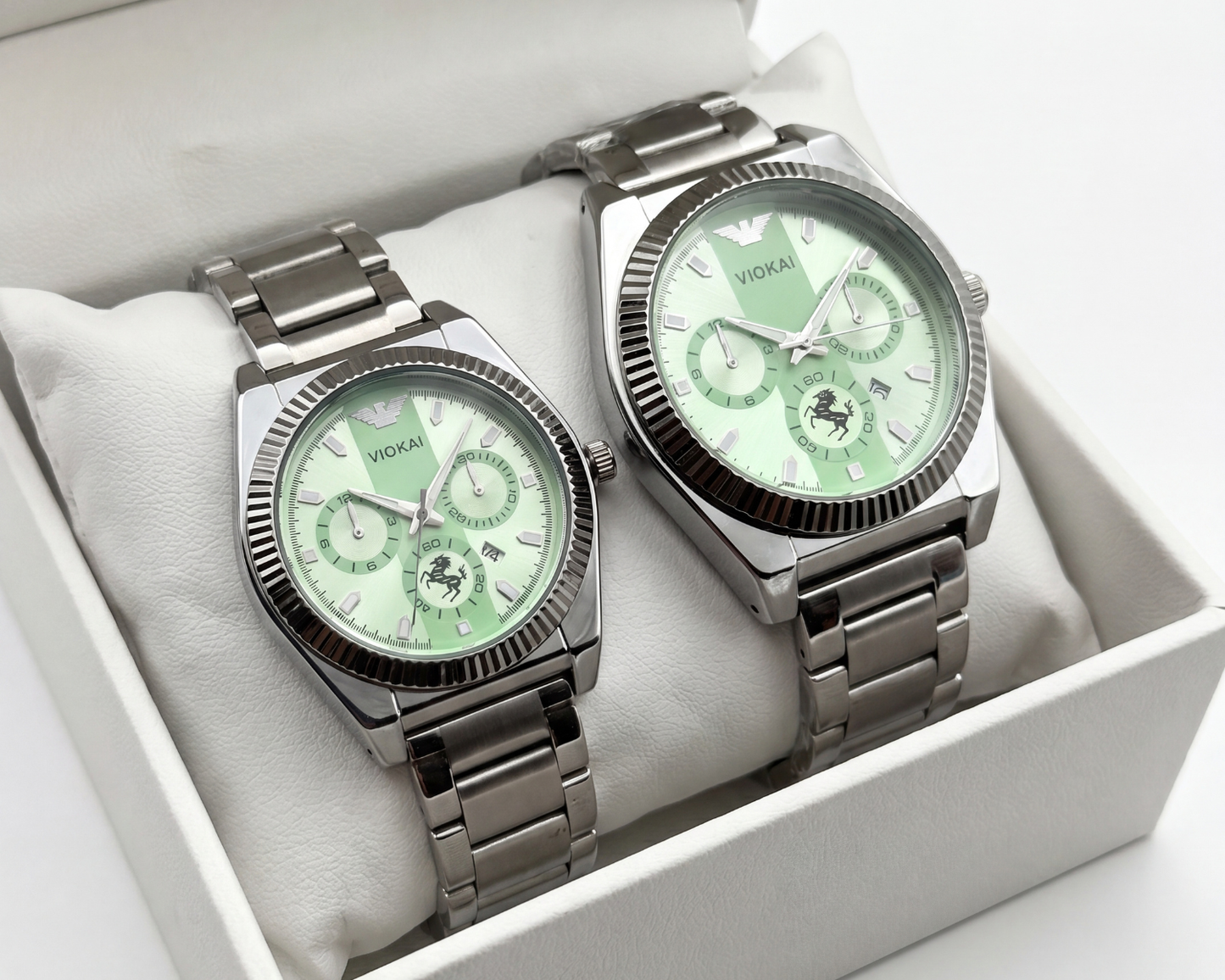 VIOKAI Luxury Couple’s Watch Set | Emerald Green Dial & Silver Steel (His & Hers)