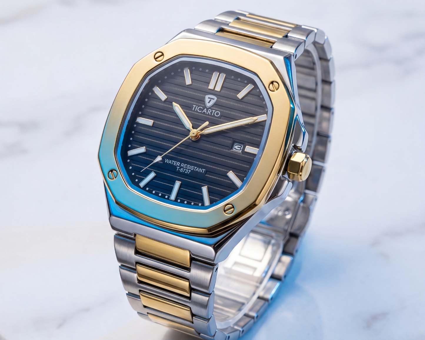 Ticarto Luxury Men's Watch – Two-Tone Stainless Steel, Date Window (T-8737)
