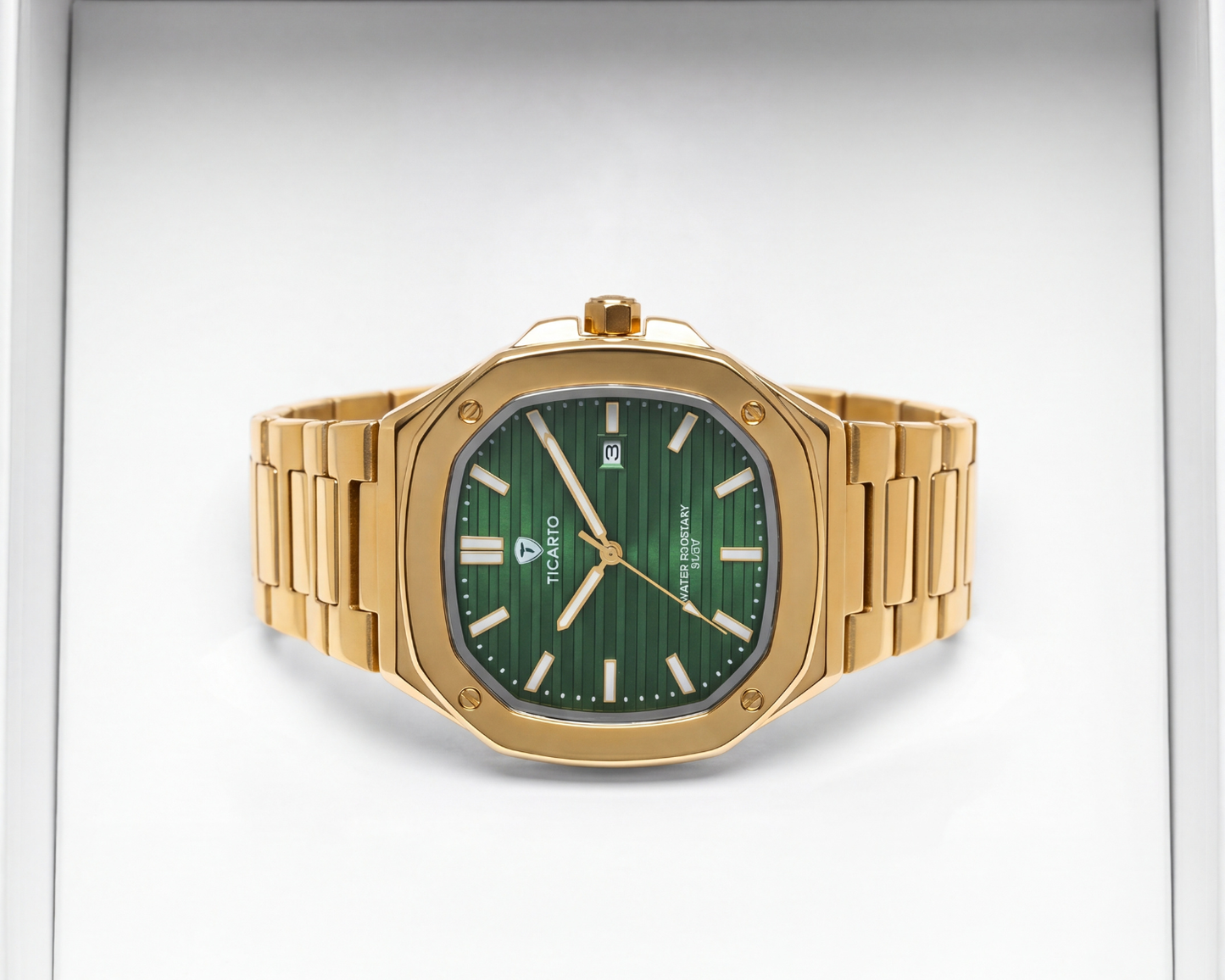 TICARTO FR737 Emerald Prestige Edition | Men's Gold-Tone Luxury Watch with Textured Green Dial