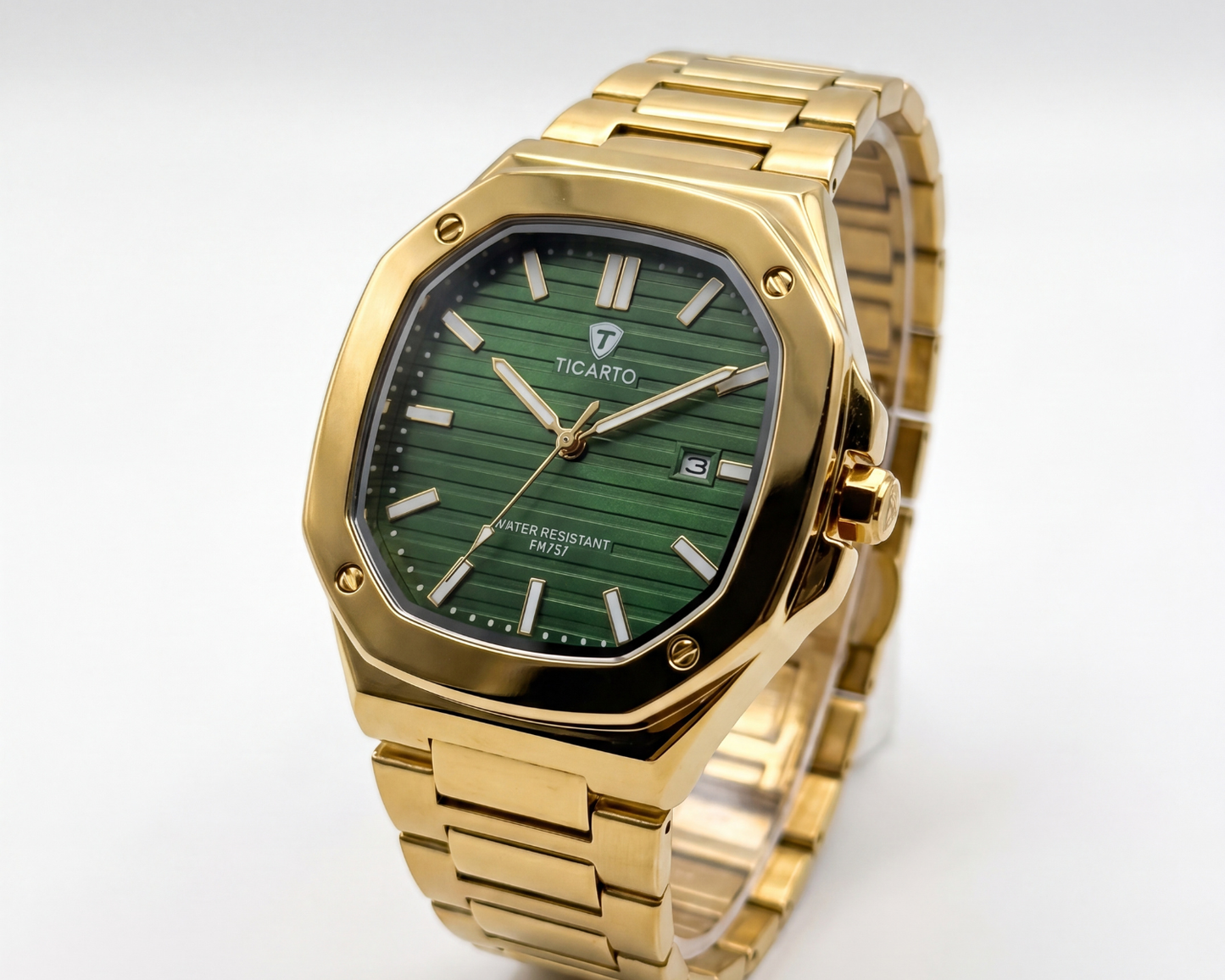 TICARTO FR737 Emerald Prestige Edition | Men's Gold-Tone Luxury Watch with Textured Green Dial