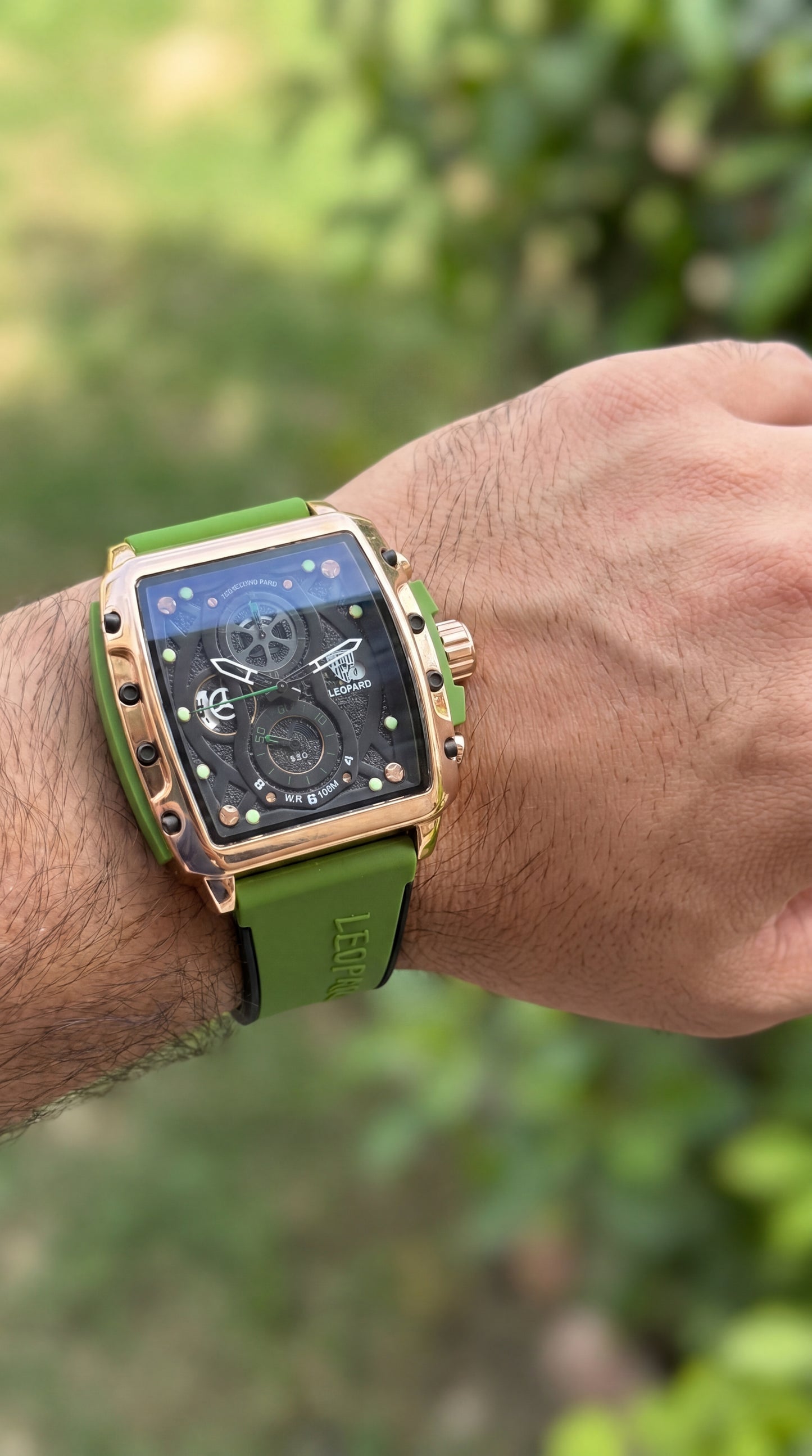 Leopard Rose Gold Tonneau Chronograph – Tactical Olive Green Edition